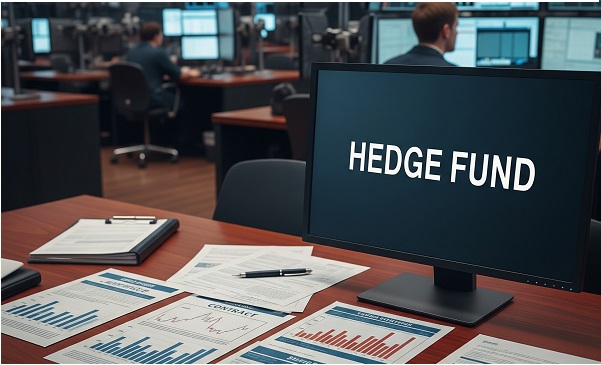 증권 회사 사무실 모니터에 'HEDGE FUND' 글자가 보인다