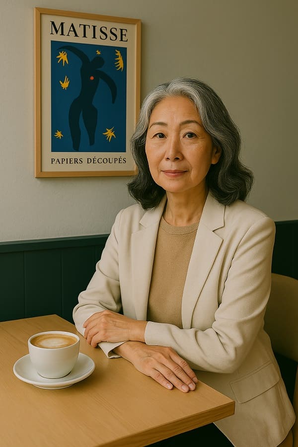고운 피부의 60대 동양인 여성이, 벽에는 앙리 마티스의 이카루스 포스터 걸린 모던한 느낌의 카페 테이블에 앉아 있는 모습